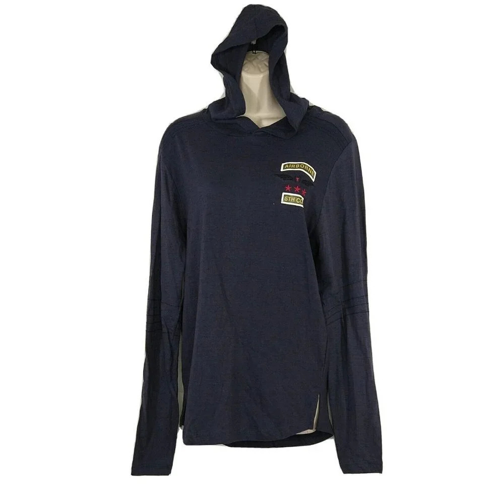 Straight Faded Shirt T-shirt Hooded Men Size S Blue Airborne Graphic Long Sleeve